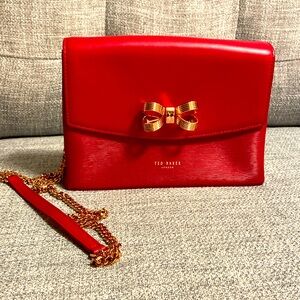 Ted Baker Leather Handbag - Raspberry Pink with Rose-Gold Bow & Shoulder Strap